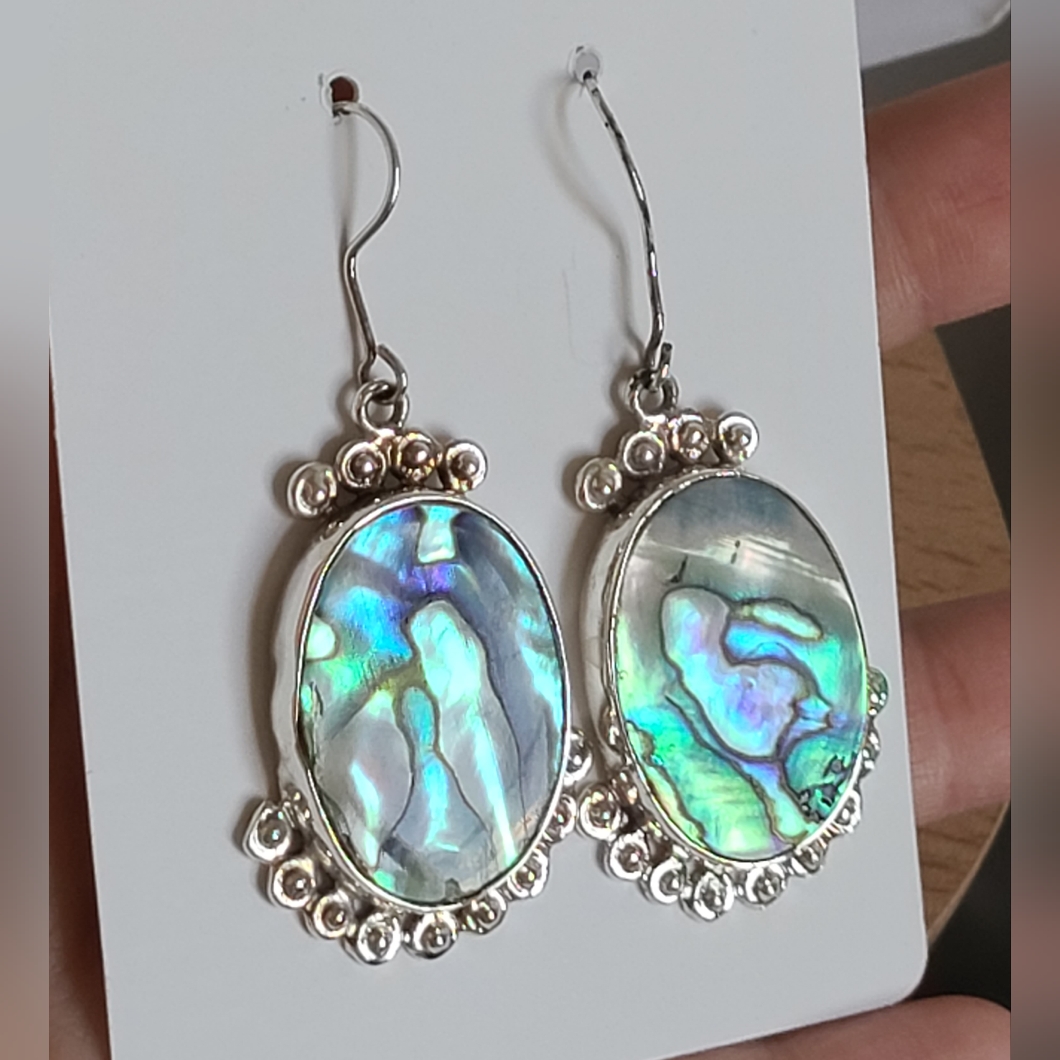 Vintage Boho Chunky Tribal Blue Abalone Sterling Silver Drop Dangle Earrings